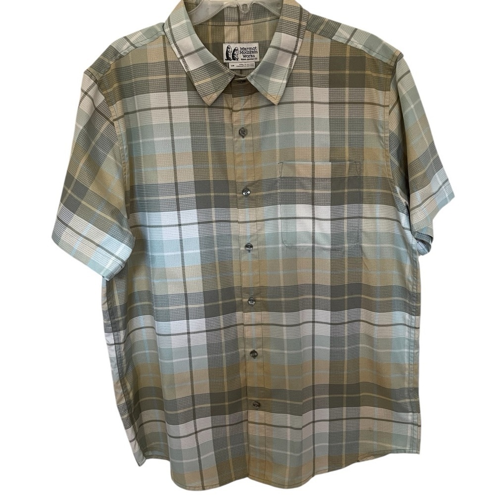 MARMOT GREEN PLAID SHORT SLEEVE SHIRT SZ LG EUC